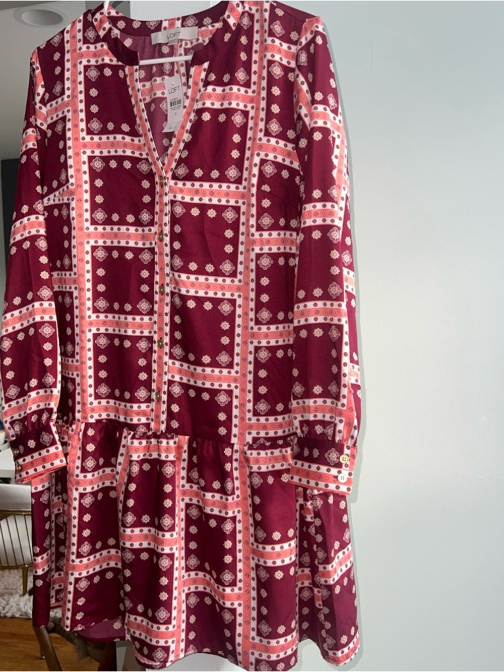 Loft Womens Long Sleeve Geometric Border Flounce Shirt Dress Size S